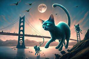 Alien cats landing in san francisco california and invading planet earth illustration photo