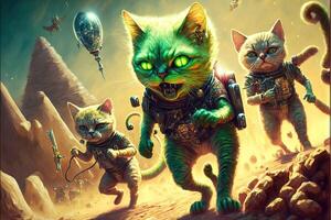 Alien cats landing and invading planet earth illustration photo