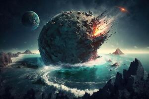 Asteroid Impact On Earth - Meteor In Collision coming from space illustration photo