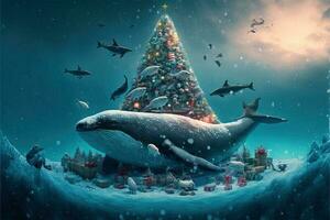 animals of the ocean celebrating christmas around christmas tree with many gift photo