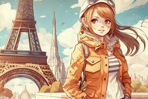 hermosa anime manga niña en París ilustración generativo ai foto