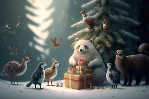 animals of the forest celebrating christmas around christmas tree with many gift, the forest is cold and snowy, photo