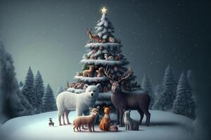 animals of the forest celebrating christmas around christmas tree with many gift, the forest is cold and snowy, photo