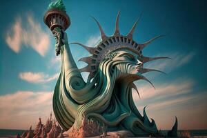 gaudi version of liberty statue buildings in new york city illustration photo