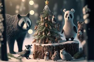 animals of the forest celebrating christmas around christmas tree with many gift, the forest is cold and snowy, photo