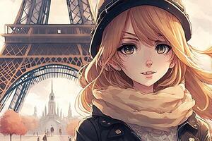 hermosa anime manga niña en París ilustración generativo ai foto