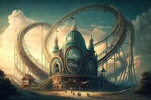 amusement park that defies the laws of physics, with rides that twist and turn in impossible ways, and attractions that blur the line between reality and dreams illustration photo