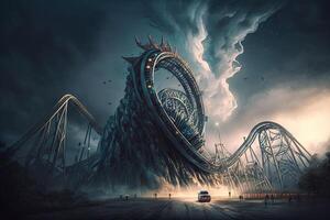 amusement park that defies the laws of physics, with rides that twist and turn in impossible ways, and attractions that blur the line between reality and dreams illustration photo