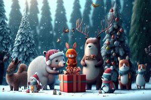 animals of the forest celebrating christmas around christmas tree with many gift, the forest is cold and snowy, photo