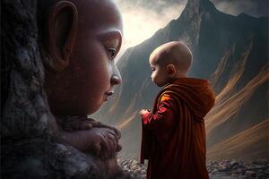 baby buddhist monk praying in front of buddah statue illustration photo