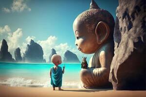 bebé budista monje Orando en frente de Buddah estatua ilustración generativo ai foto