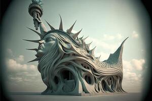 gaudi version of liberty statue buildings in new york city illustration photo