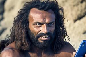 Caveman prehistoric man using a smartphone illustration photo