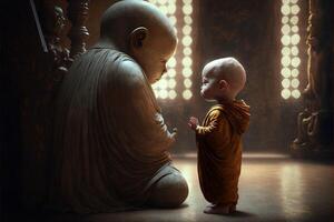 baby buddhist monk praying in front of buddah statue illustration photo