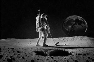 astronauta jugando golf en el Luna el tierra planeta en antecedentes ilustración generativo ai foto