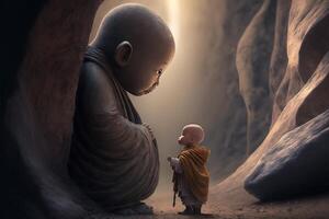 baby buddhist monk praying in front of buddah statue illustration photo