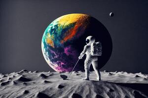 astronauta jugando golf en el Luna el tierra planeta en antecedentes ilustración generativo ai foto