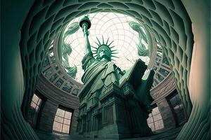 gaudi version of liberty statue buildings in new york city illustration photo