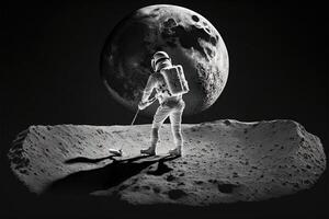 astronauta jugando golf en el Luna el tierra planeta en antecedentes ilustración generativo ai foto