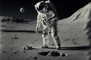 astronauta jugando golf en el Luna el tierra planeta en antecedentes ilustración generativo ai foto