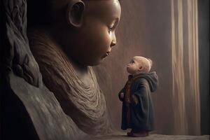 bebé budista monje Orando en frente de Buddah estatua ilustración generativo ai foto