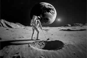 astronauta jugando golf en el Luna el tierra planeta en antecedentes ilustración generativo ai foto