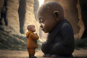 baby buddhist monk praying in front of buddah statue illustration photo