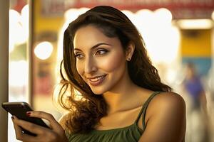 Smiling hispanic latina woman using mobile smarphone illustration photo