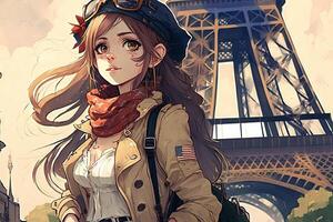 hermosa anime manga niña en París ilustración generativo ai foto