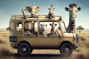 Baby safari animals in jeep illustration generative ai photo