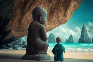 baby buddhist monk praying in front of buddah statue illustration photo