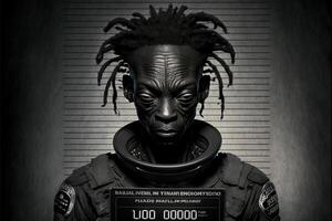 black Humanoid Alien Identification Plate in front of Police Lineup or Mugshot illustration photo