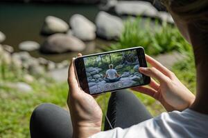 person meditating in a peaceful outdoor setting, surrounded by nature and using a mindfulness app on their smartphone illustration photo