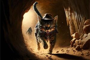 cat archaeologist with hat and whip escaping from danger illustration photo