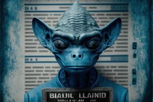 blue Humanoid Alien Identification Plate in front of Police Lineup or Mugshot illustration photo