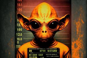 Orange yellow Humanoid Alien Identification Plate in front of Police Lineup or Mugshot illustration photo