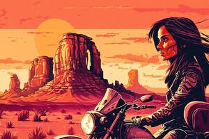 Biker girl riding a futuristic bike motorbike in monument valley background at sunset illustration photo