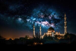 Beautiful night sky during Ramadan Kareem, with stars twinkling in the background and a mosque illuminated illustration photo