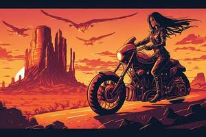 Biker girl riding a futuristic bike motorbike in monument valley background at sunset illustration photo