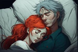 Anime girl sleeping with a man in bed, manga style illustration photo