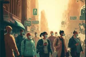 big city with many people wearing face mask beacause of return of covid coronavirus pandemic illustration photo