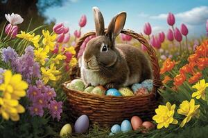 Basket filled with brightly - colored Easter eggs, surrounded by a field of blooming flowers and a happy bunny Easter illustration photo