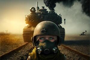 A children in front of tank War in Ukraine, explosions on backround illustration photo