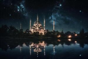 hermosa noche cielo durante Ramadán Kareem, con estrellas centelleo en el antecedentes y un mezquita iluminado ilustración generativo ai foto