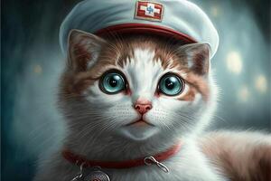 gato como encantador enfermero vistiendo uniforme y sombrero ilustración generativo ai foto