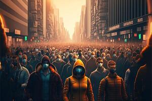 grande ciudad con muchos personas vistiendo cara máscara porque de regreso de codicioso coronavirus pandemia ilustración generativo ai foto