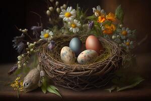 Basket of eggs, a nest, and some wildflowers, with a soft light and a shallow depth of field Easter illustration photo