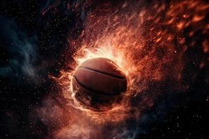 Basketball going through the basket, top view, exploding galaxy background illustration photo