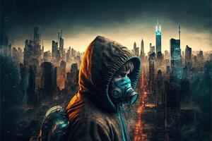 man wearing mask on empty city because of return of covid coronavirus pandemic illustration photo
