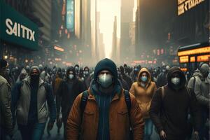 big city with many people wearing face mask beacause of return of covid coronavirus pandemic illustration photo